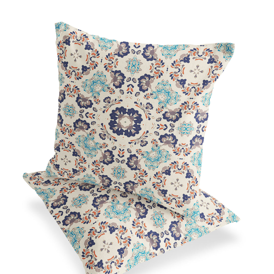 Set of Two 16" X 16" Blue and Off White Blown Seam Floral Indoor Outdoor Throw Pillow