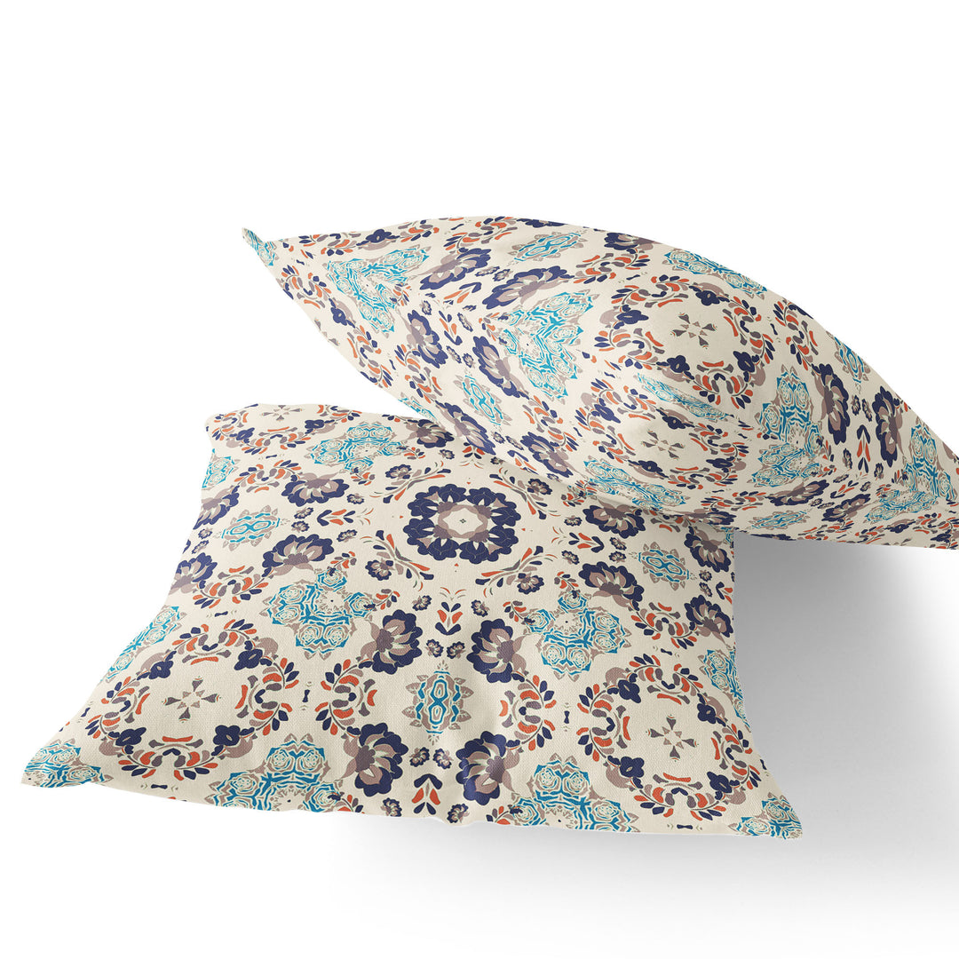 Set of Two 16" X 16" Blue and Off White Blown Seam Floral Indoor Outdoor Throw Pillow