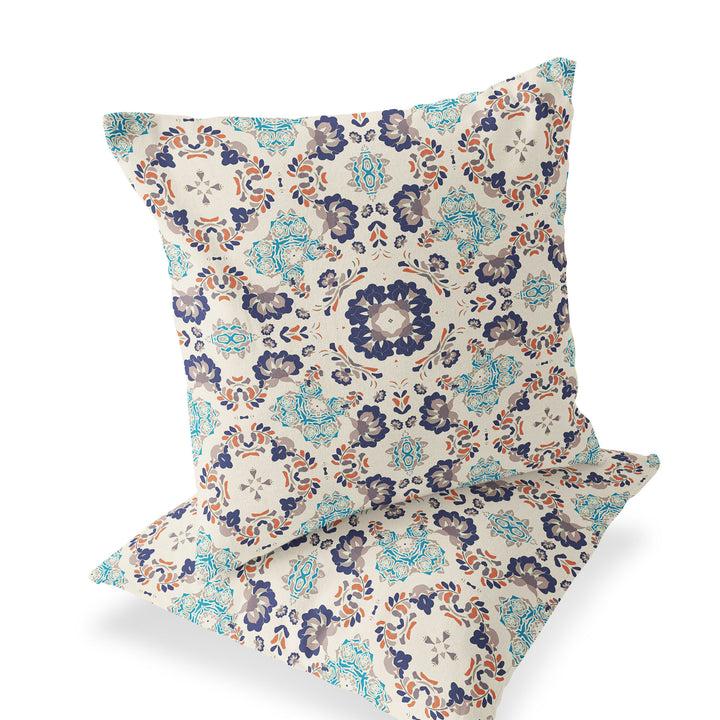 Set of Two 16" X 16" Blue and Off White Blown Seam Floral Indoor Outdoor Throw Pillow