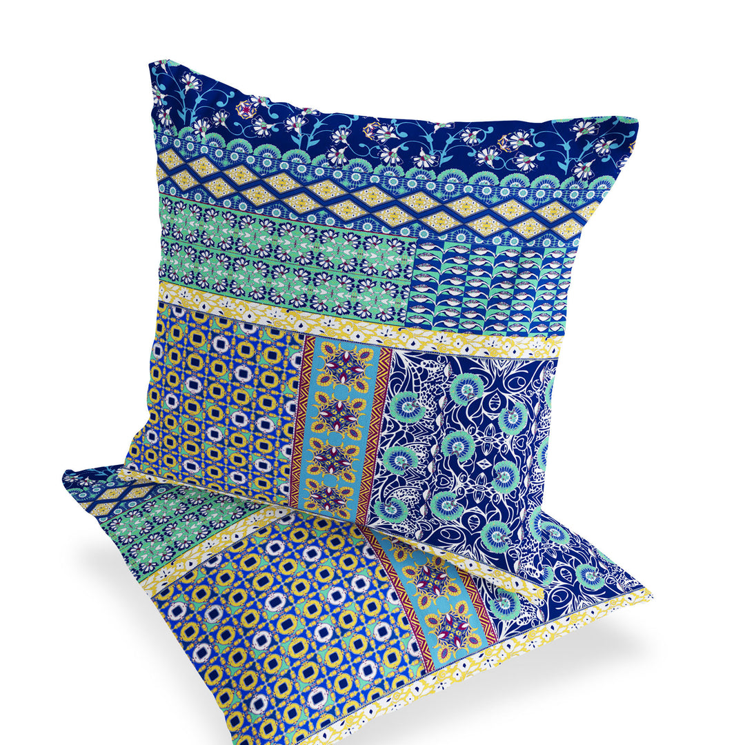 Set of Two 16" X 16" Blue and Yellow Blown Seam Floral Indoor Outdoor Throw Pillows