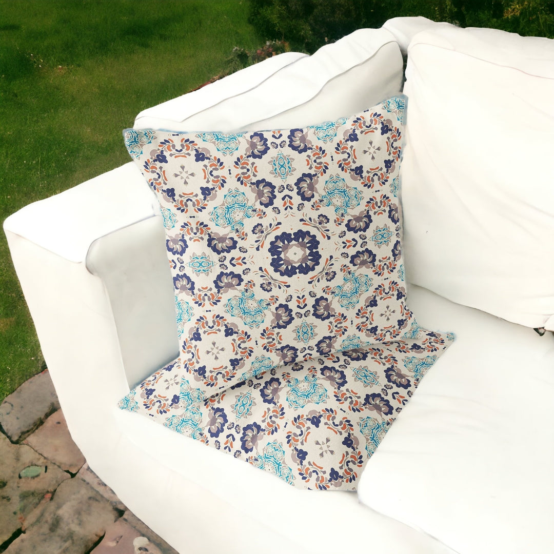 Set of Two 16" X 16" Blue and Off White Blown Seam Floral Indoor Outdoor Throw Pillow