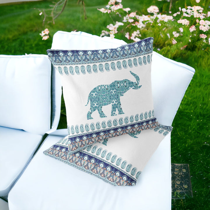 Set of Two 16" X 16" Blue and White Elephant Blown Seam Paisley Indoor Outdoor Throw Pillow