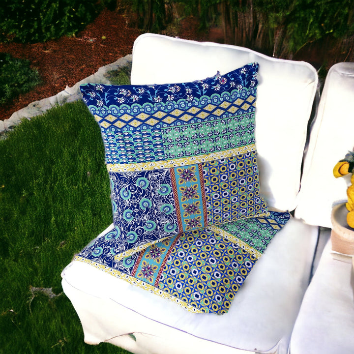 Set of Two 16" X 16" Blue and Yellow Blown Seam Floral Indoor Outdoor Throw Pillows