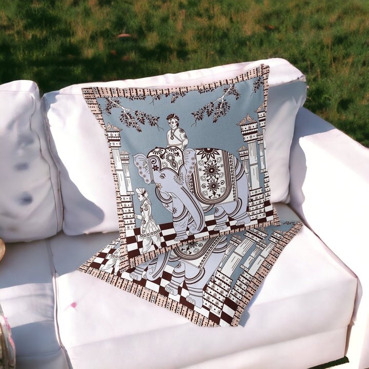 Set of Two 16" X 16" Blue and Brown Elephant Blown Seam Floral Indoor Outdoor Throw Pillow