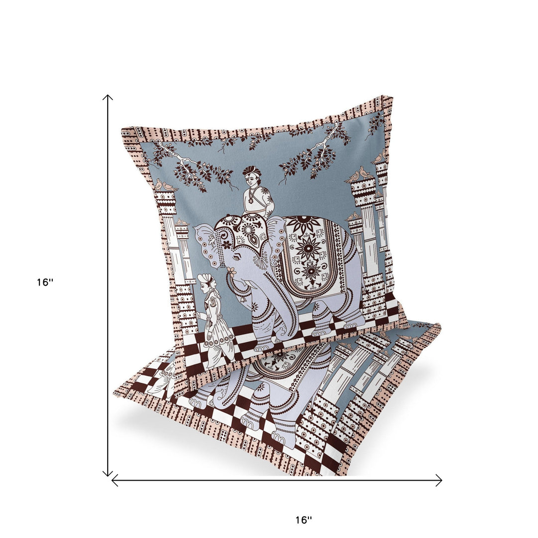 Set of Two 16" X 16" Blue and Brown Elephant Blown Seam Floral Indoor Outdoor Throw Pillow