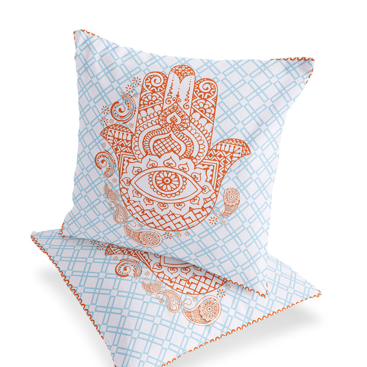 Set of Two 16" X 16" Blue and Orange Blown Seam Hamsa Indoor Outdoor Throw Pillow