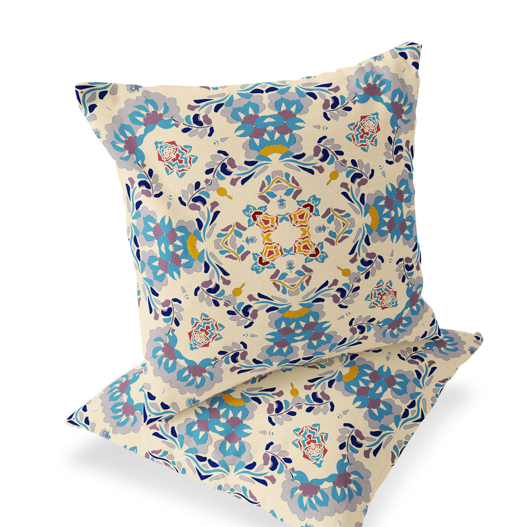 Set of Two 16" X 16" Blue and Off White Blown Seam Eclectic Indoor Outdoor Throw Pillow