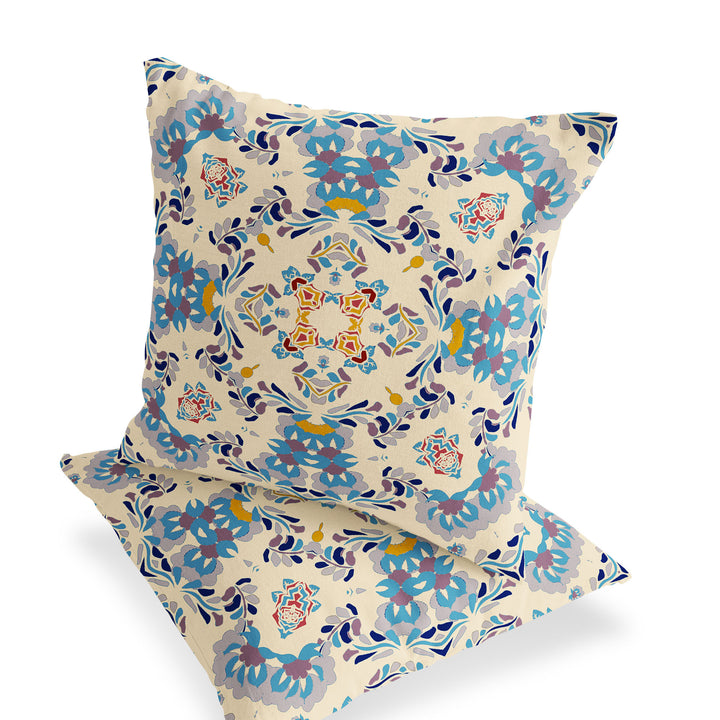 Set of Two 16" X 16" Blue and Off White Blown Seam Eclectic Indoor Outdoor Throw Pillow