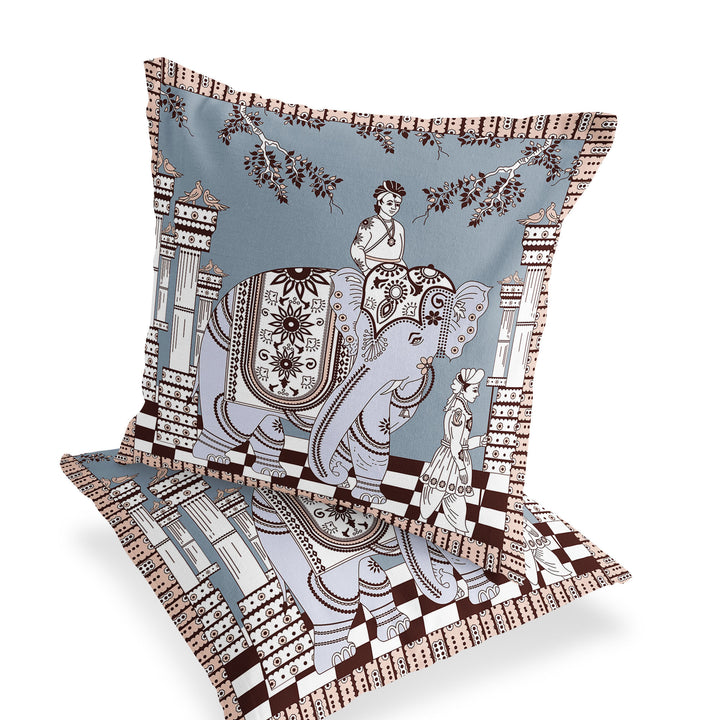 Set of Two 16" X 16" Blue and Brown Elephant Blown Seam Floral Indoor Outdoor Throw Pillow