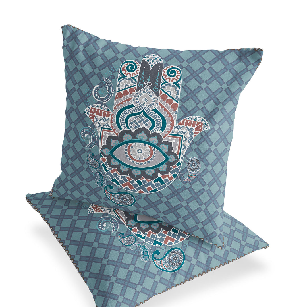 Set of Two 16" X 16" Blue and White Blown Seam Hamsa Indoor Outdoor Throw Pillow