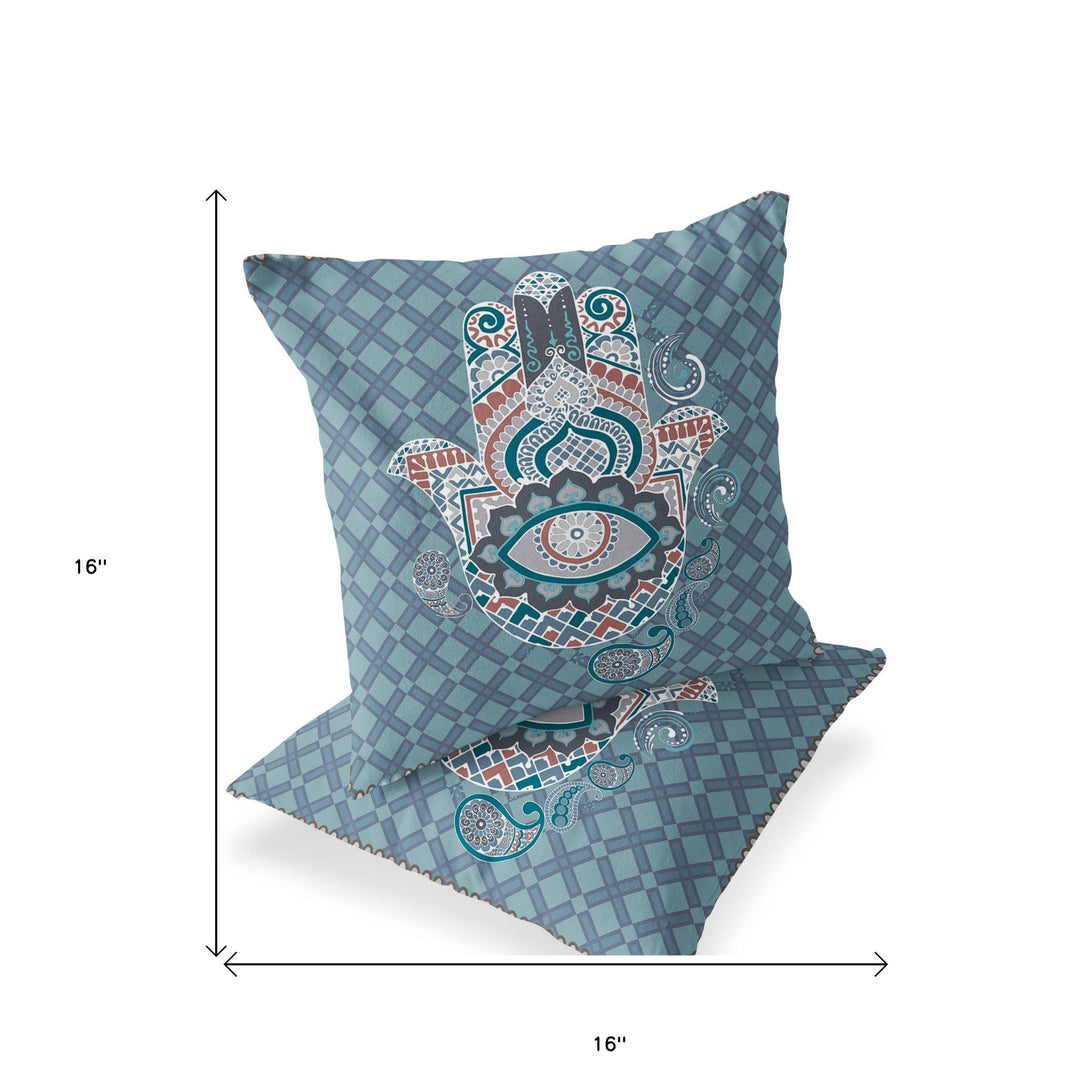 Set of Two 16" X 16" Blue and White Blown Seam Hamsa Indoor Outdoor Throw Pillow