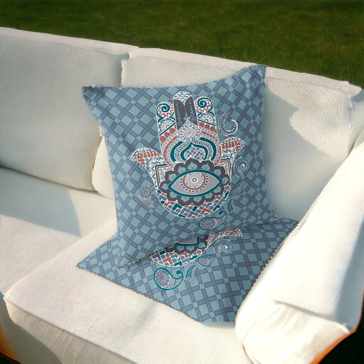 Set of Two 16" X 16" Blue and White Blown Seam Hamsa Indoor Outdoor Throw Pillow