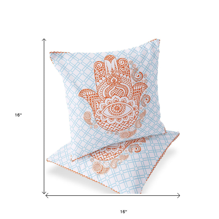 Set of Two 16" X 16" Blue and Orange Blown Seam Hamsa Indoor Outdoor Throw Pillow