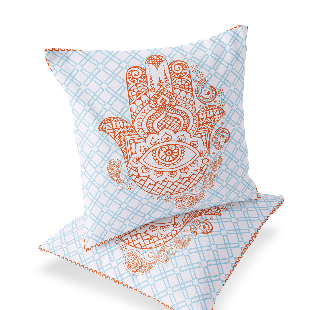 Set of Two 16" X 16" Blue and Orange Blown Seam Hamsa Indoor Outdoor Throw Pillow