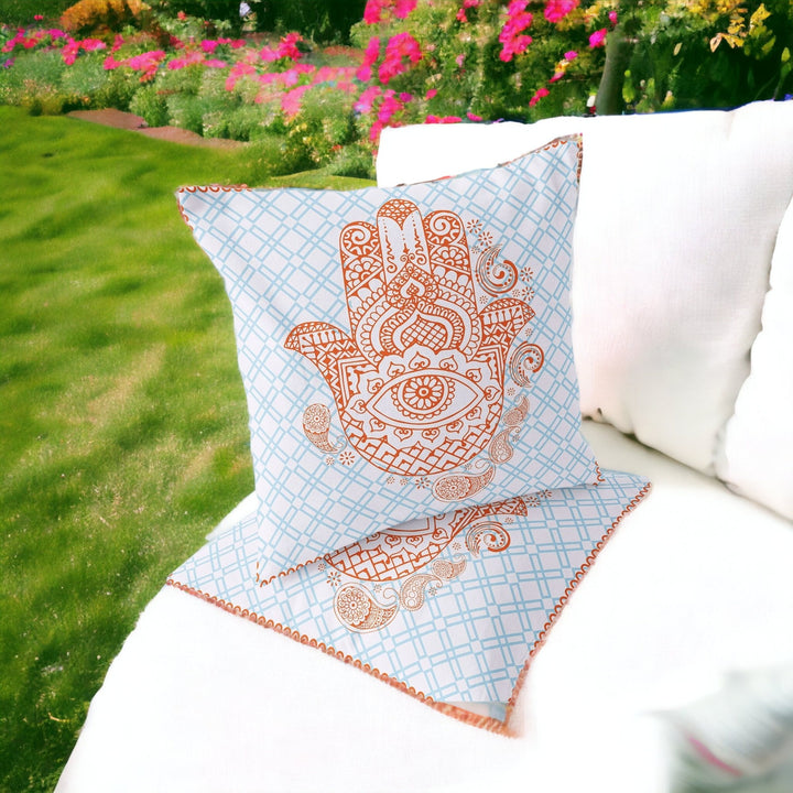 Set of Two 16" X 16" Blue and Orange Blown Seam Hamsa Indoor Outdoor Throw Pillow