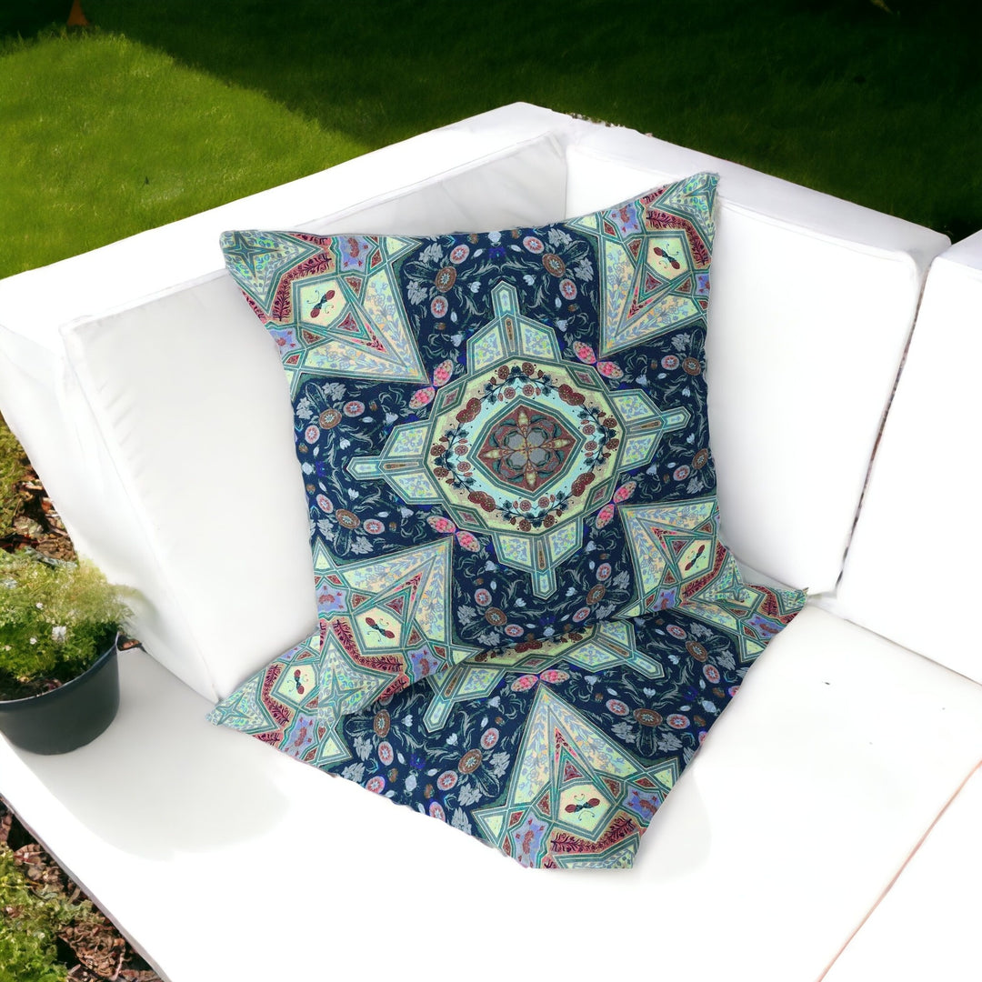 Set of Two 16" X 16" Blue and Green Blown Seam Floral Indoor Outdoor Throw Pillow