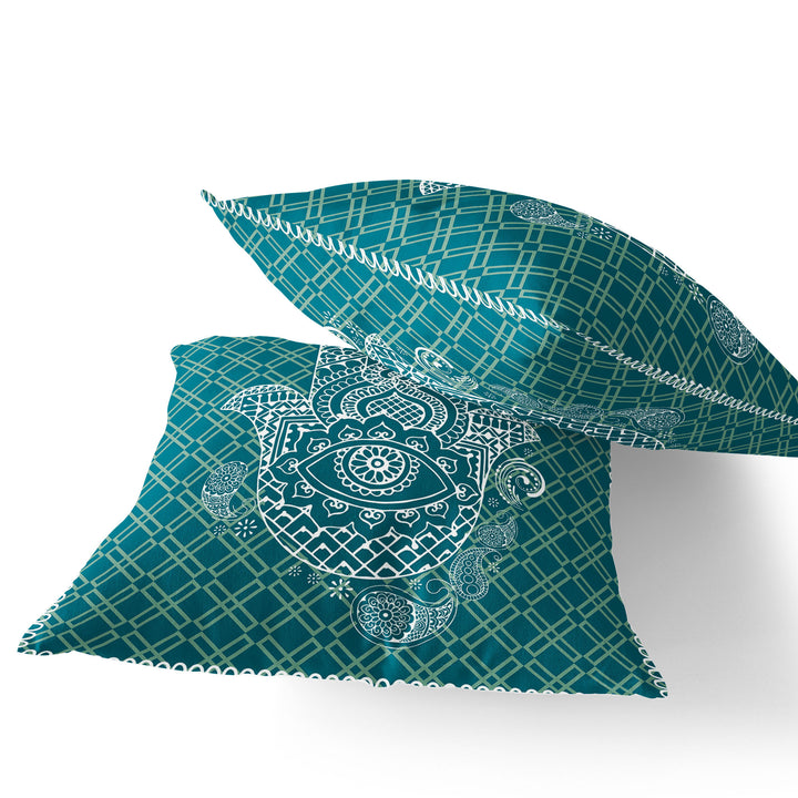 Set of Two 16" X 16" Green and White Blown Seam Hamsa Indoor Outdoor Throw Pillow