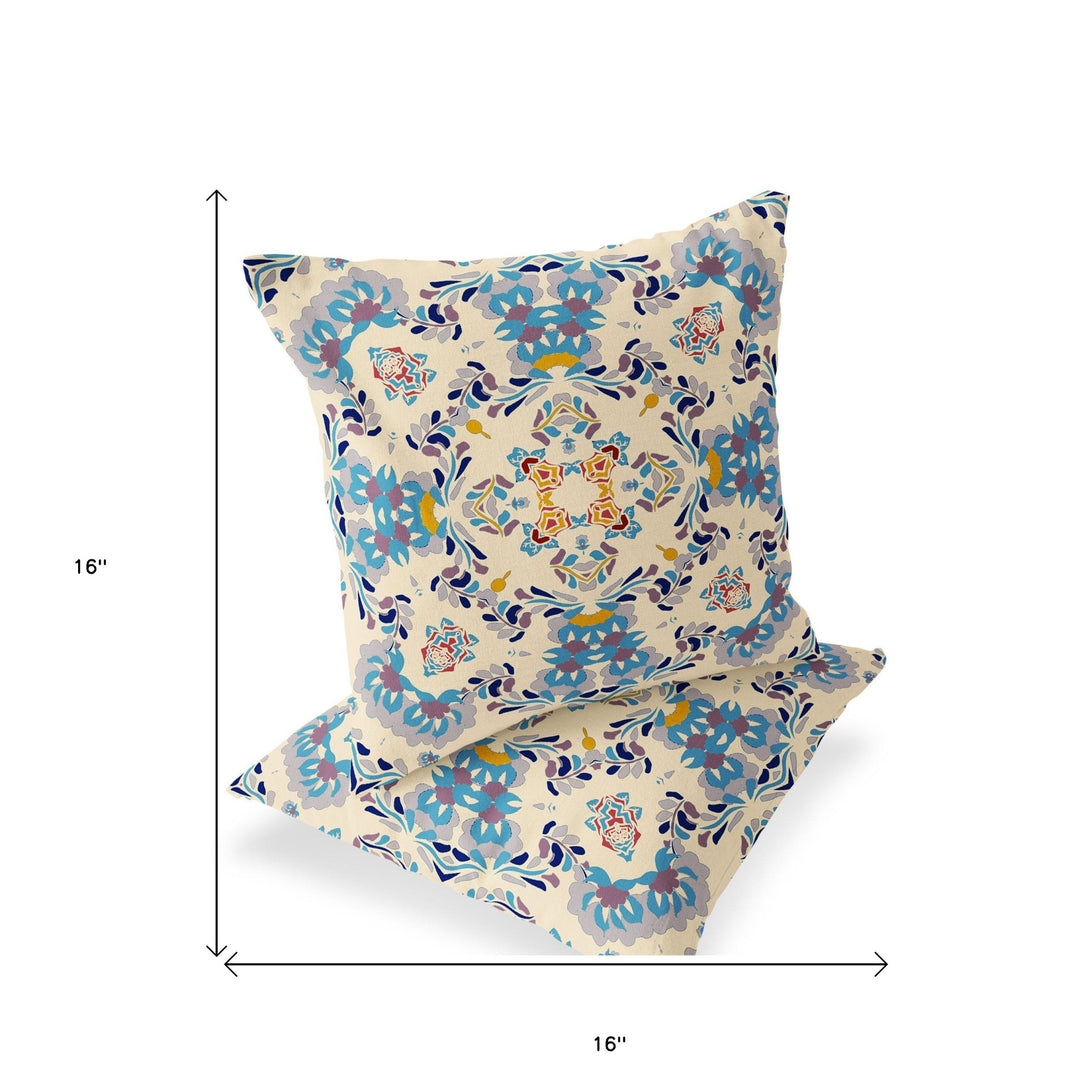 Set of Two 16" X 16" Blue and Off White Blown Seam Eclectic Indoor Outdoor Throw Pillow