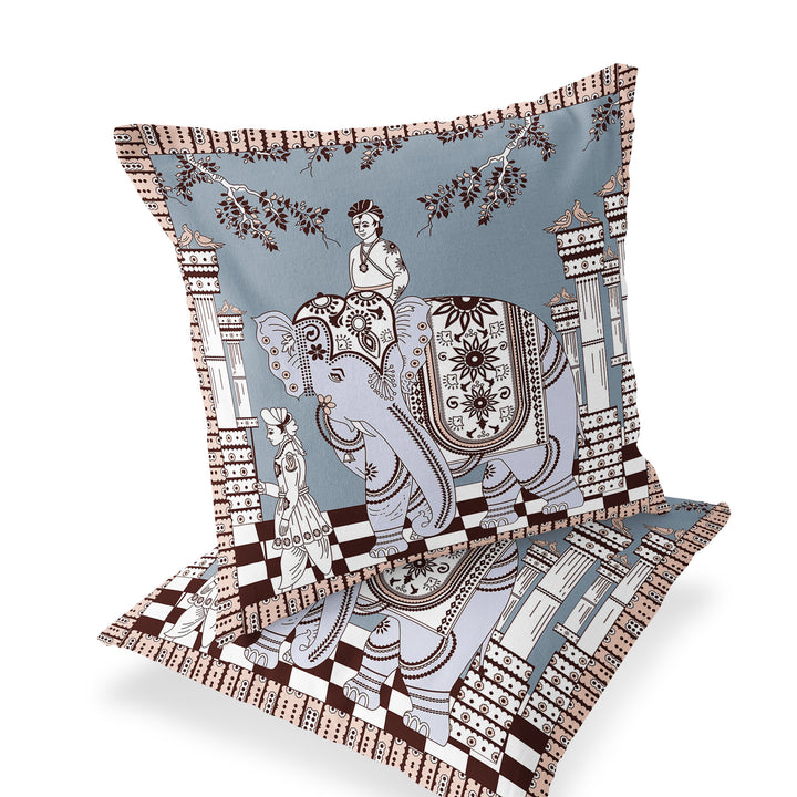 Set of Two 16" X 16" Blue and Brown Elephant Blown Seam Floral Indoor Outdoor Throw Pillow