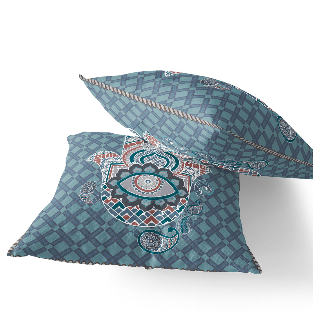 Set of Two 16" X 16" Blue and White Blown Seam Hamsa Indoor Outdoor Throw Pillow