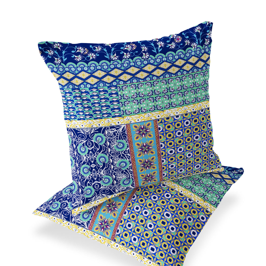 Set of Two 16" X 16" Blue and Yellow Blown Seam Floral Indoor Outdoor Throw Pillows