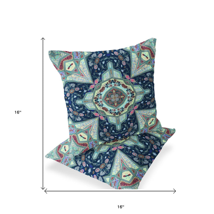 Set of Two 16" X 16" Blue and Green Blown Seam Floral Indoor Outdoor Throw Pillow