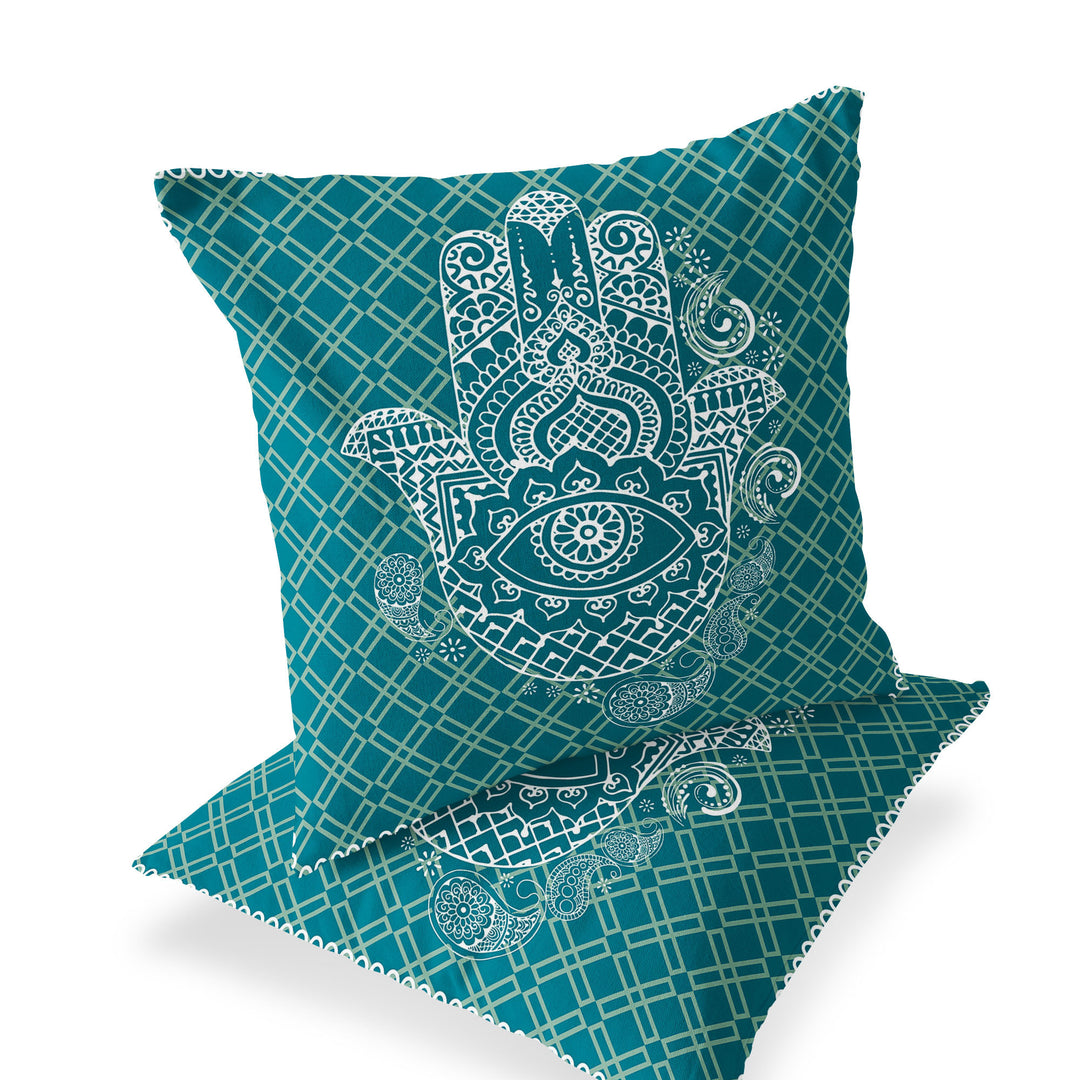 Set of Two 16" X 16" Green and White Blown Seam Hamsa Indoor Outdoor Throw Pillow