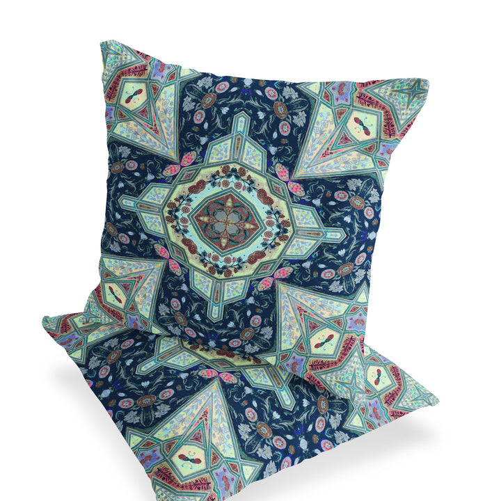 Set of Two 16" X 16" Blue and Green Blown Seam Floral Indoor Outdoor Throw Pillow