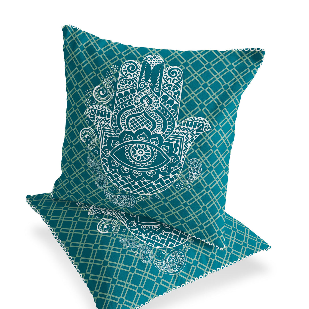 Set of Two 16" X 16" Green and White Blown Seam Hamsa Indoor Outdoor Throw Pillow