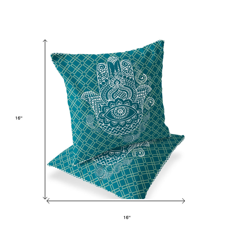 Set of Two 16" X 16" Green and White Blown Seam Hamsa Indoor Outdoor Throw Pillow