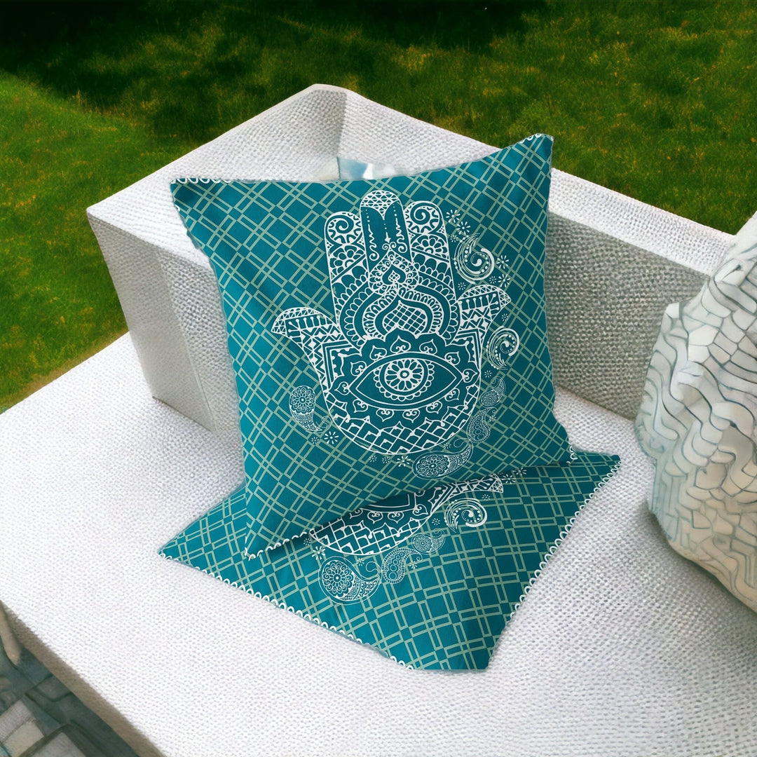 Set of Two 16" X 16" Green and White Blown Seam Hamsa Indoor Outdoor Throw Pillow