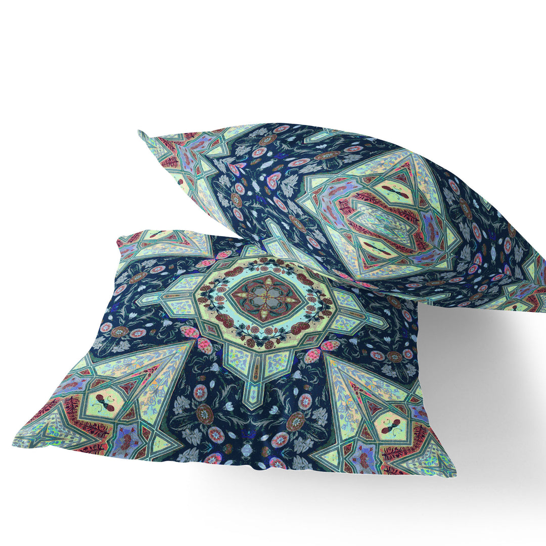 Set of Two 16" X 16" Blue and Green Blown Seam Floral Indoor Outdoor Throw Pillow