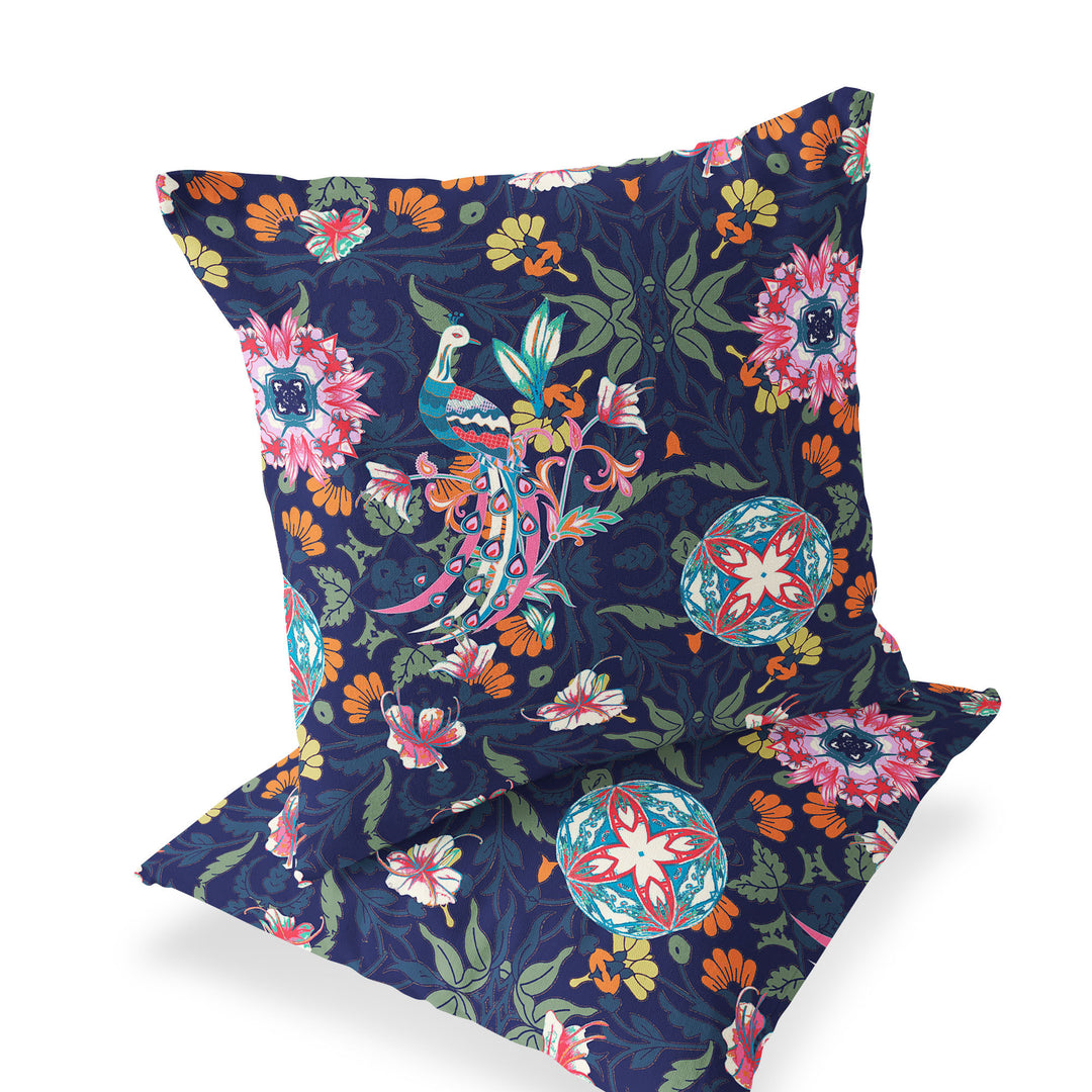 Set of Two 16" X 16" Blue and Pink Peacock Blown Seam Eclectic Indoor Outdoor Throw Pillow