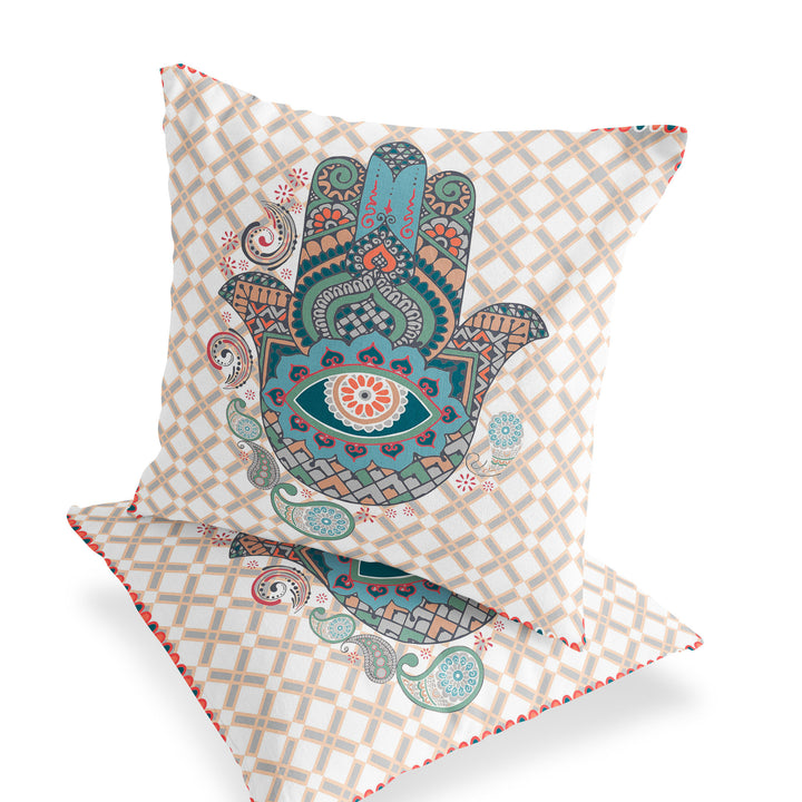 Set of Two 16" X 16" Blue and Orange Blown Seam Hamsa Indoor Outdoor Throw Pillow