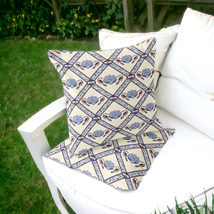 Set of Two 16" X 16" Blue and Brown Peacock Blown Seam Floral Indoor Outdoor Throw Pillow