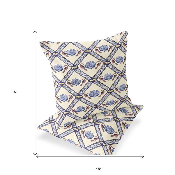 Set of Two 16" X 16" Blue and Brown Peacock Blown Seam Floral Indoor Outdoor Throw Pillow