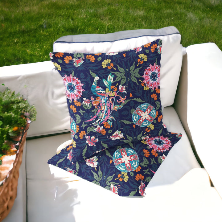 Set of Two 16" X 16" Blue and Pink Peacock Blown Seam Eclectic Indoor Outdoor Throw Pillow