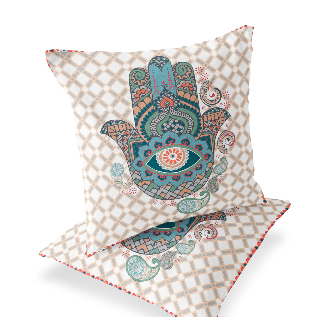 Set of Two 16" X 16" Blue and Orange Blown Seam Hamsa Indoor Outdoor Throw Pillow