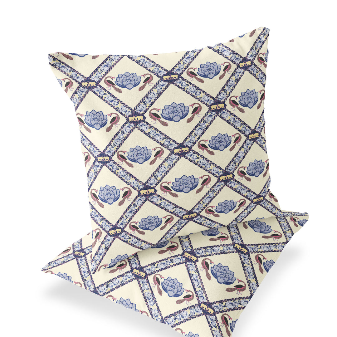 Set of Two 16" X 16" Blue and Brown Peacock Blown Seam Floral Indoor Outdoor Throw Pillow