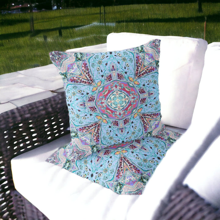 Set of Two 16" X 16" Blue and Green Blown Seam Floral Indoor Outdoor Throw Pillow