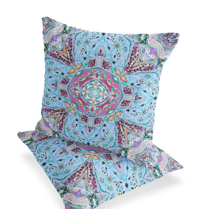 Set of Two 16" X 16" Blue and Green Blown Seam Floral Indoor Outdoor Throw Pillow