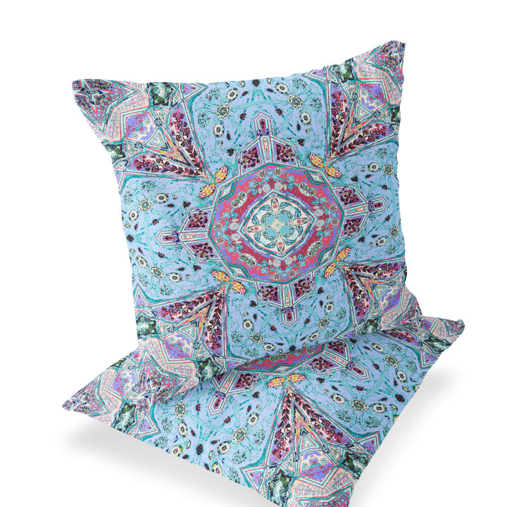 Set of Two 16" X 16" Blue and Green Blown Seam Floral Indoor Outdoor Throw Pillow