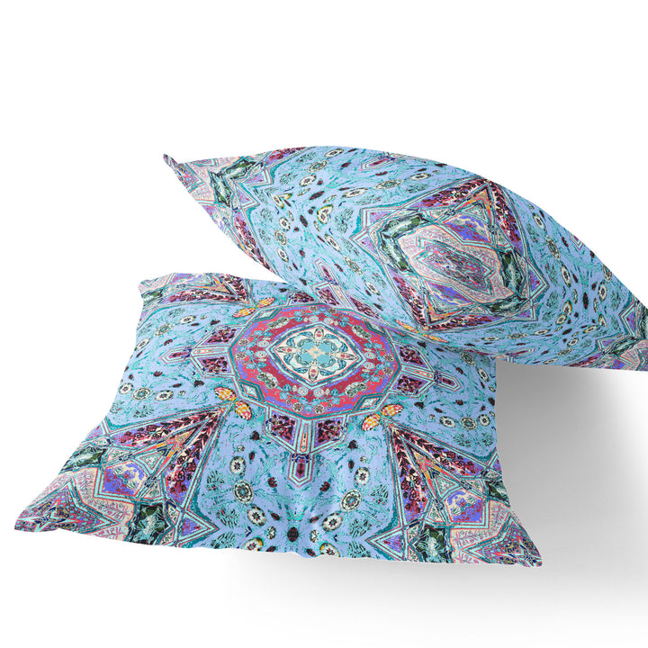 Set of Two 16" X 16" Blue and Green Blown Seam Floral Indoor Outdoor Throw Pillow