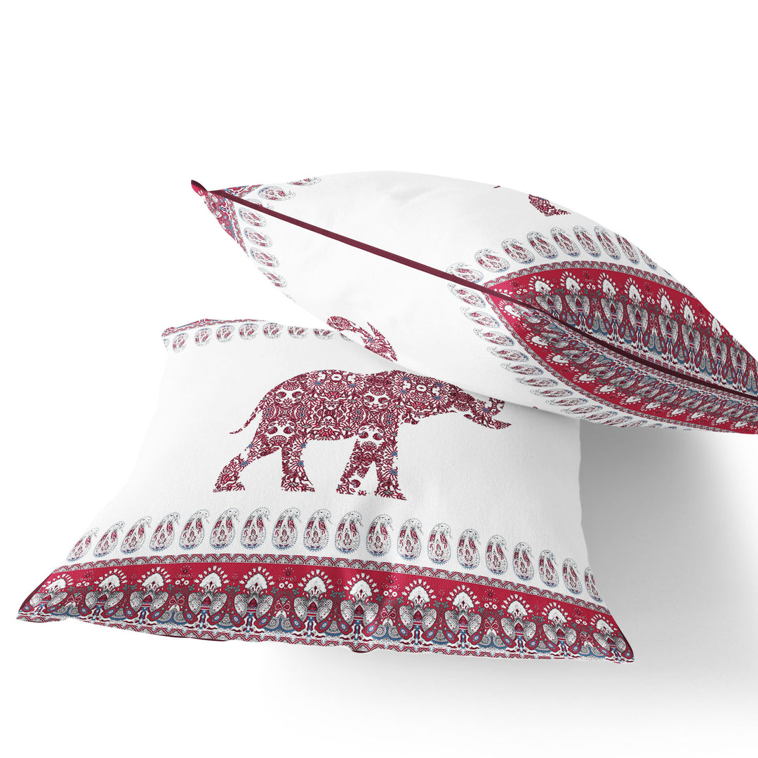 Set of Two 16" X 16" Red and White Elephant Blown Seam Paisley Indoor Outdoor Throw Pillow