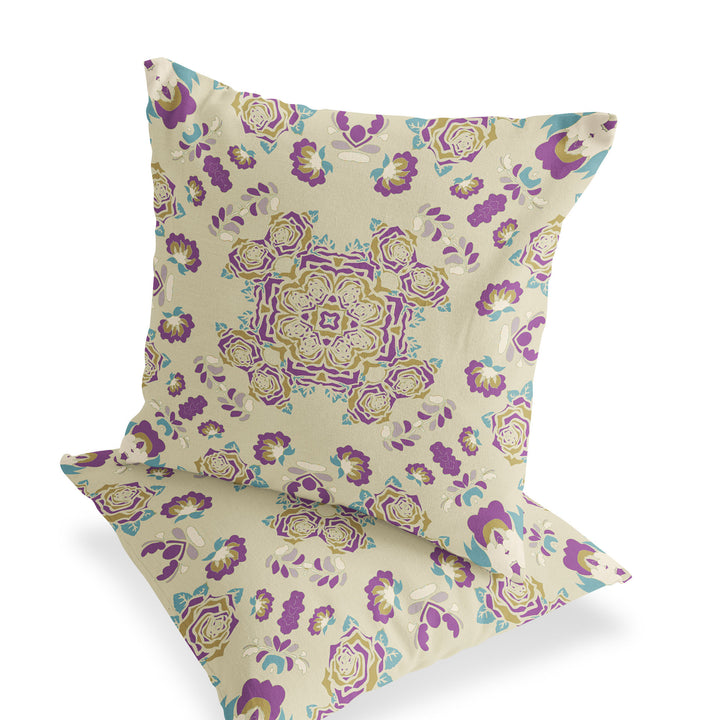 Set of Two 16" X 16" Beige and Purple Blown Seam Floral Indoor Outdoor Throw Pillow