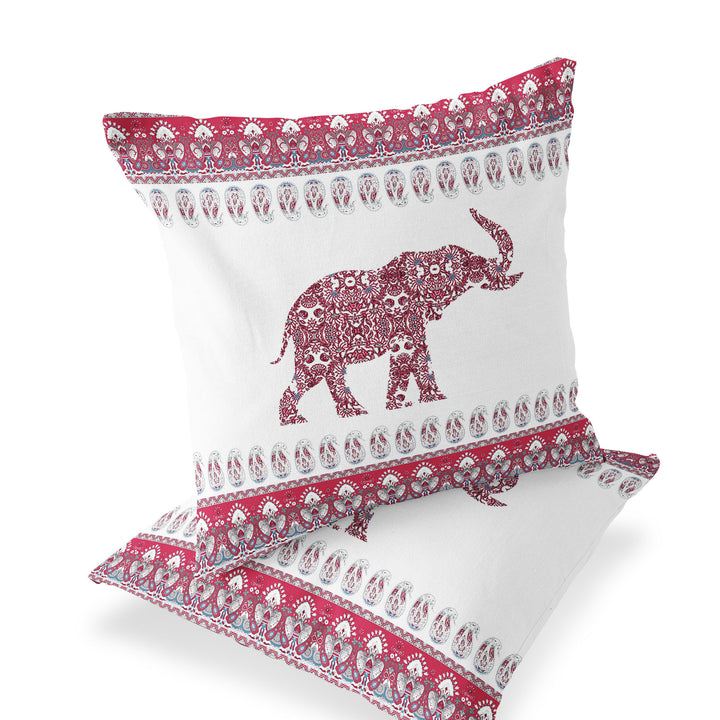 Set of Two 16" X 16" Red and White Elephant Blown Seam Paisley Indoor Outdoor Throw Pillow