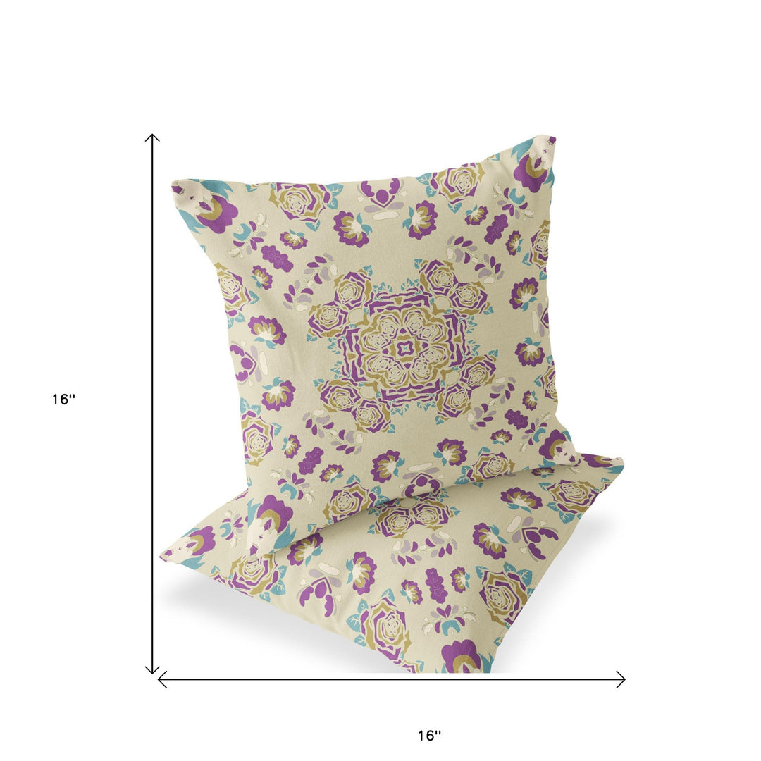 Set of Two 16" X 16" Beige and Purple Blown Seam Floral Indoor Outdoor Throw Pillow