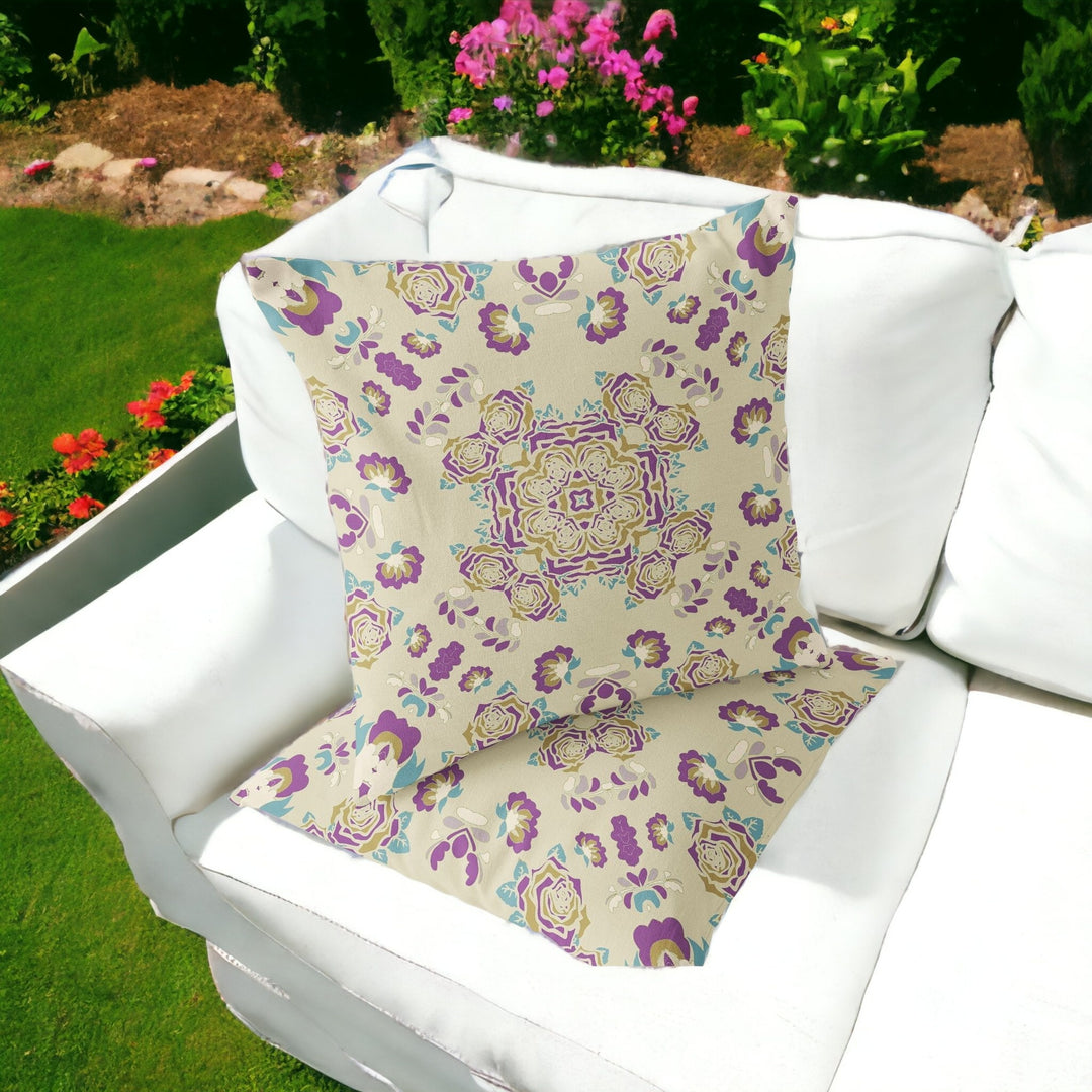 Set of Two 16" X 16" Beige and Purple Blown Seam Floral Indoor Outdoor Throw Pillow