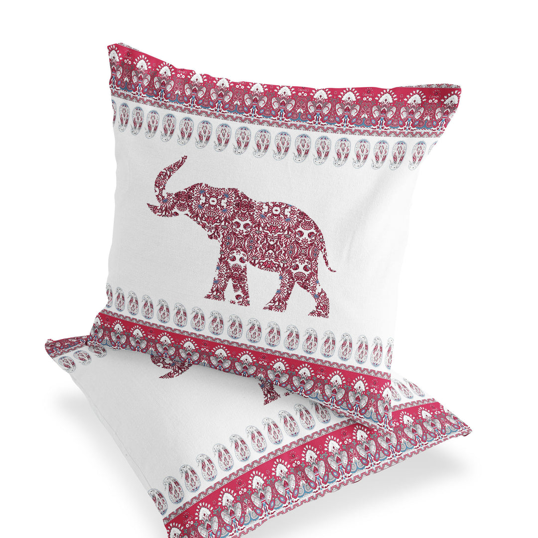 Set of Two 16" X 16" Red and White Elephant Blown Seam Paisley Indoor Outdoor Throw Pillow