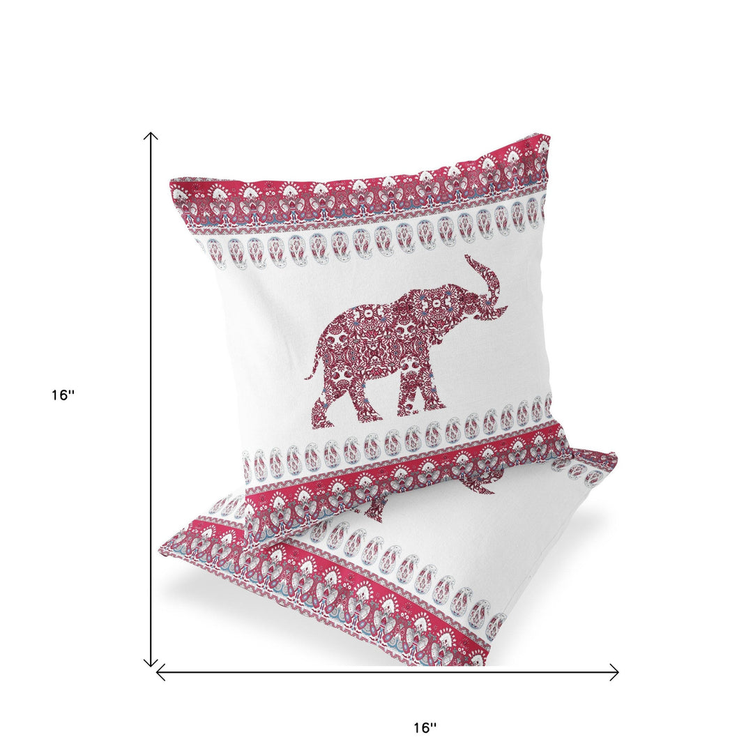 Set of Two 16" X 16" Red and White Elephant Blown Seam Paisley Indoor Outdoor Throw Pillow